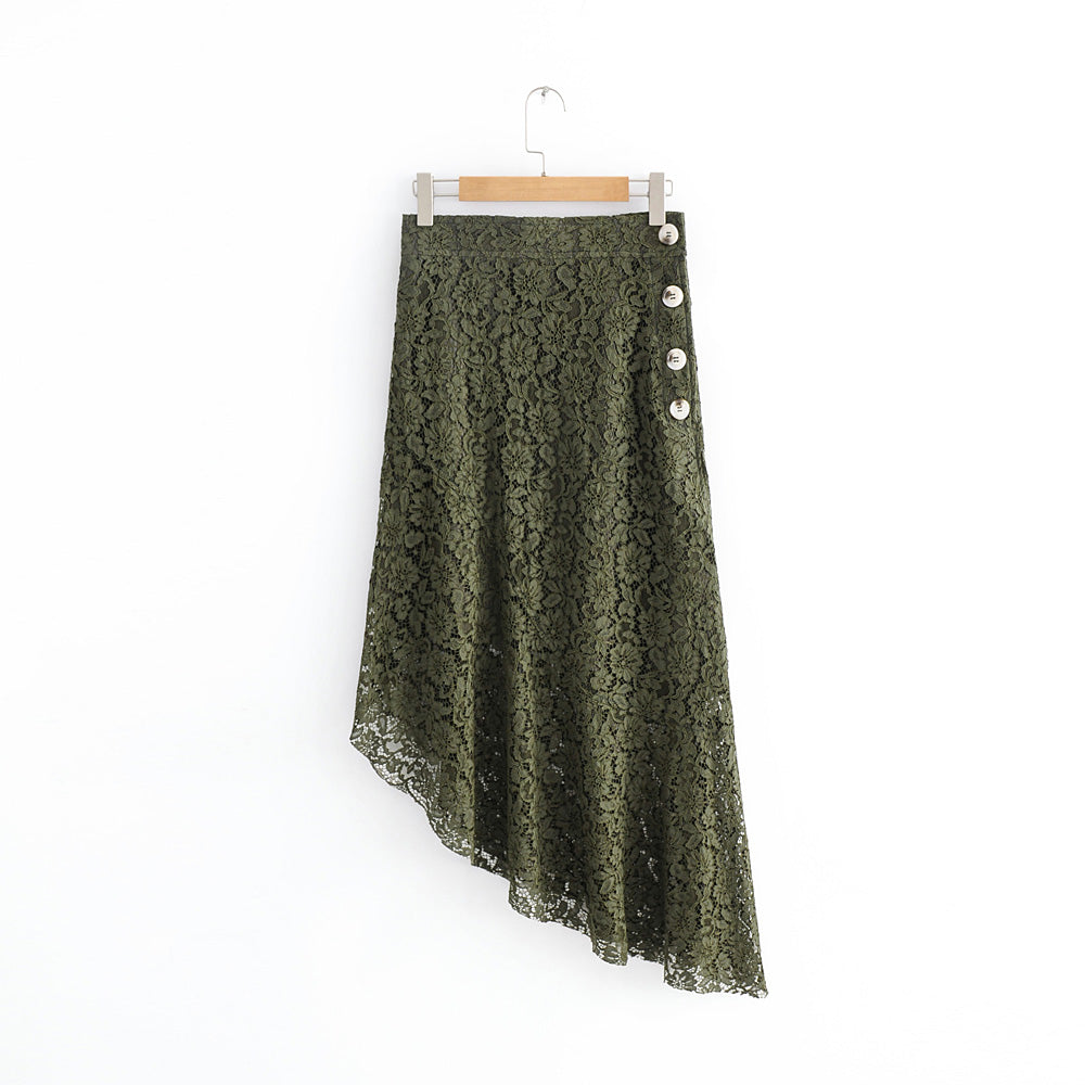 Autumn Green Chiffon Solid Color Asymmetric Skirt Office Outer Single Stitching Skirt Skirt