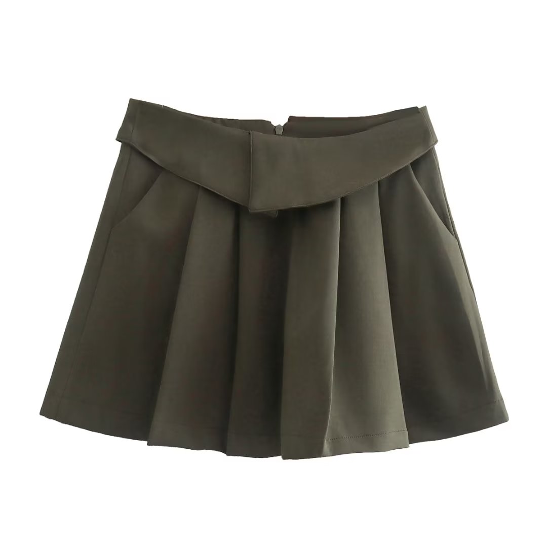 Four Color Turned Waist Wide Pleated Skirt Preppy Skirt