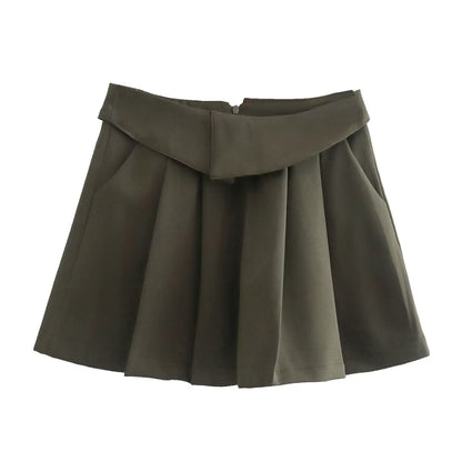 Four Color Turned Waist Wide Pleated Skirt Preppy Skirt