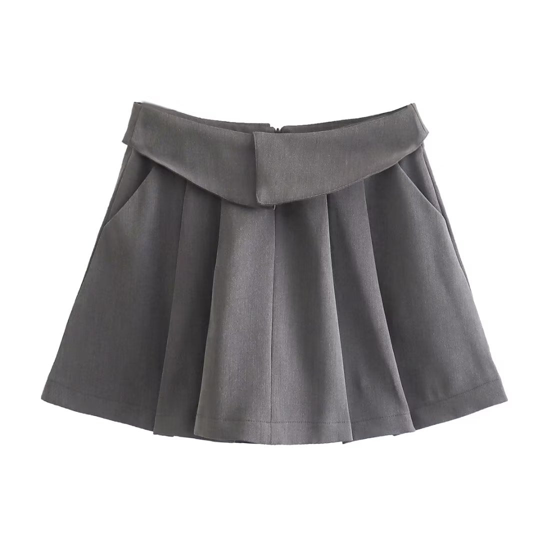 Four Color Turned Waist Wide Pleated Skirt Preppy Skirt