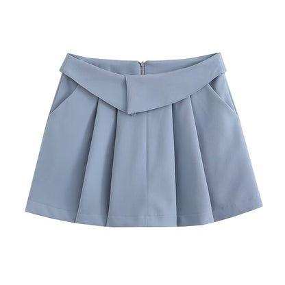 Four Color Turned Waist Wide Pleated Skirt Preppy Skirt