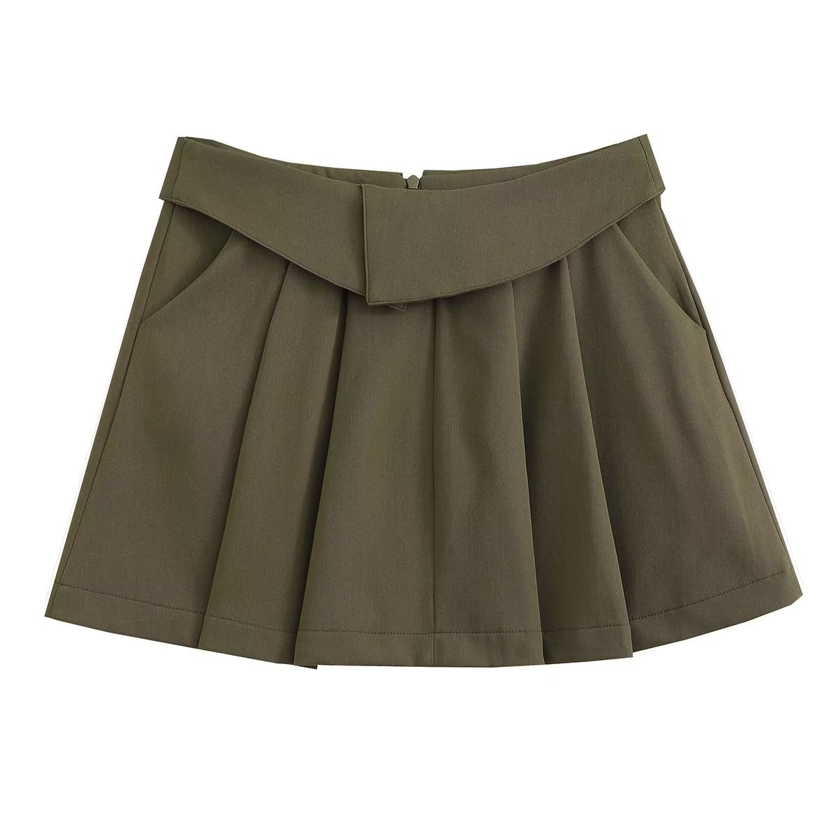 Four Color Turned Waist Wide Pleated Skirt Preppy Skirt