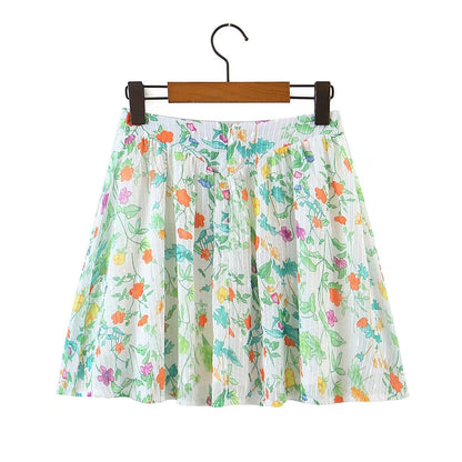 F00170729 Seaside Vacation Small Floral Pleated Waist Tight Skirt