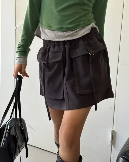 Autumn Elastic Waist Drawstring Double Pocket Tooling Mini Skirt