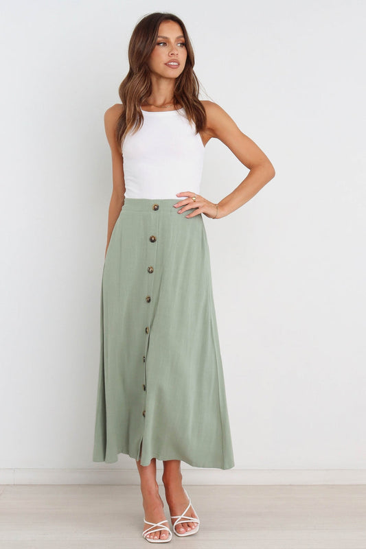 Spring Summer Single Breasted Elastic Waist Mid Waist Classic Skirt