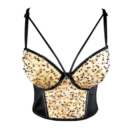 Sous-vêtements en velours à coutures en maille et paillettes, cache-poitrine court, bandeau serré, sangle brodée à paillettes sexy