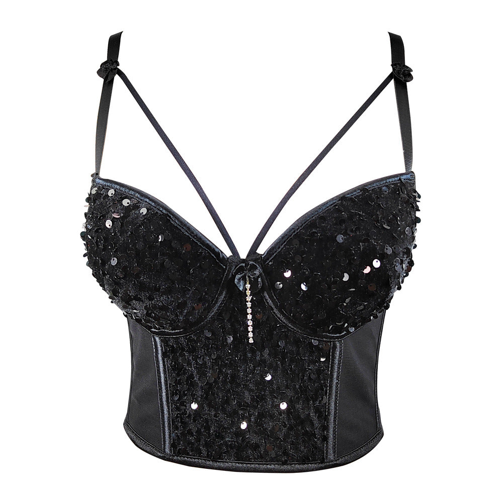 Sous-vêtements en velours à coutures en maille et paillettes, cache-poitrine court, bandeau serré, sangle brodée à paillettes sexy