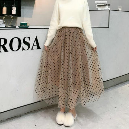 Slimming Cover Skirt Flocking Dot Mesh Skirt A Line Fishtail Skirt Mid Length Autumn Winter