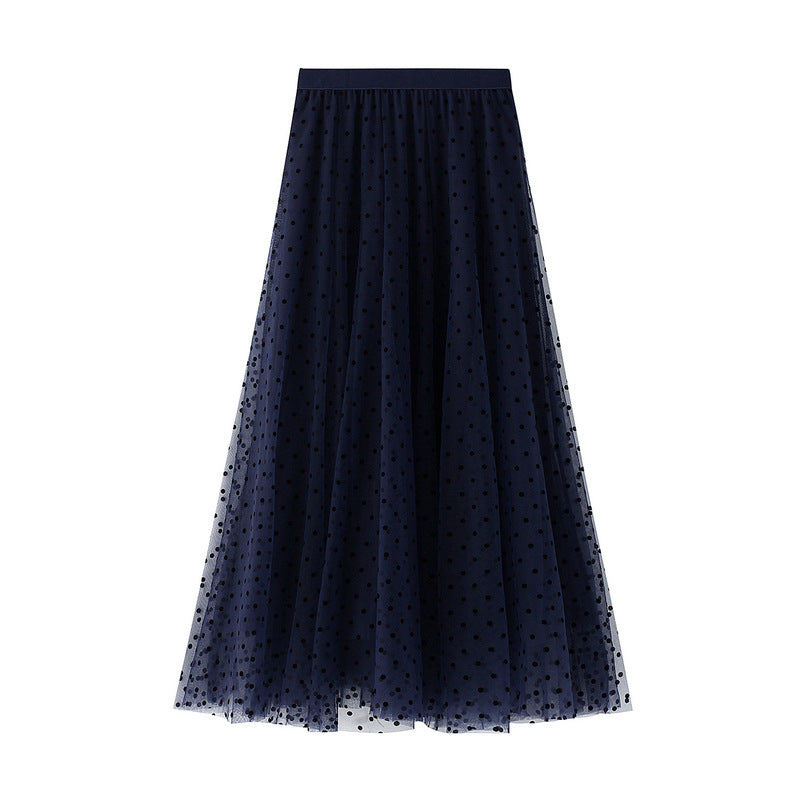 Slimming Cover Skirt Flocking Dot Mesh Skirt A Line Fishtail Skirt Mid Length Autumn Winter