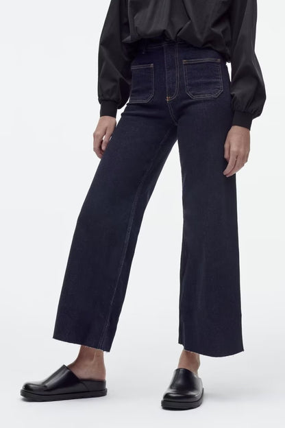 Jeans mit Federreißverschluss, Knopfverschluss, ungesäumtem Saum, hoher Taille und weitem Bein