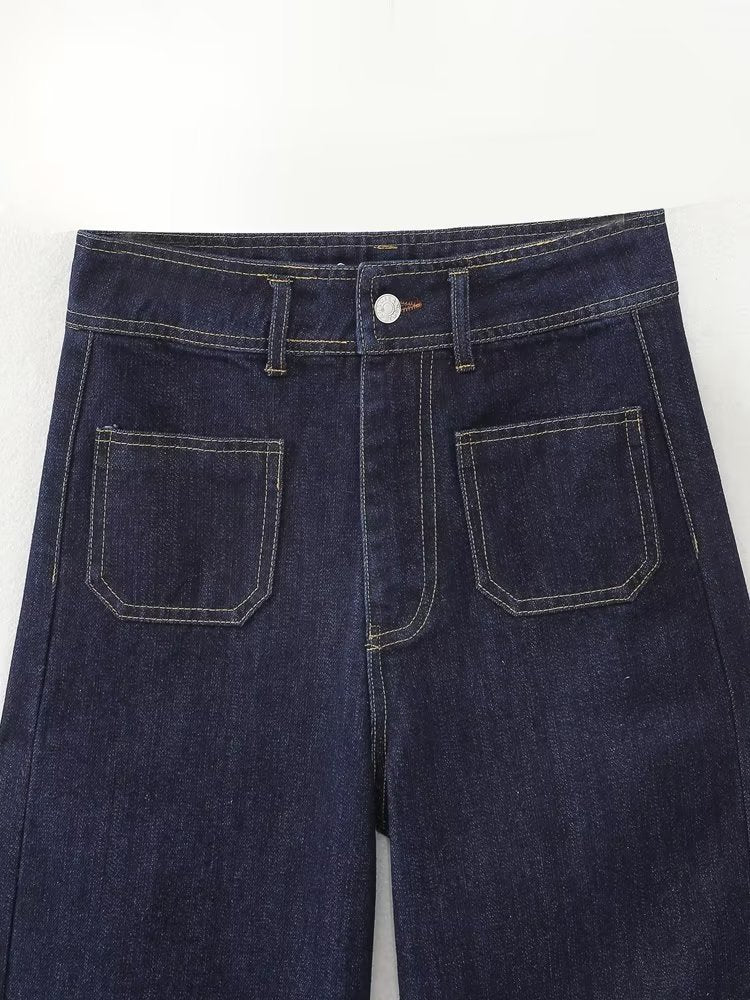 Jeans mit Federreißverschluss, Knopfverschluss, ungesäumtem Saum, hoher Taille und weitem Bein