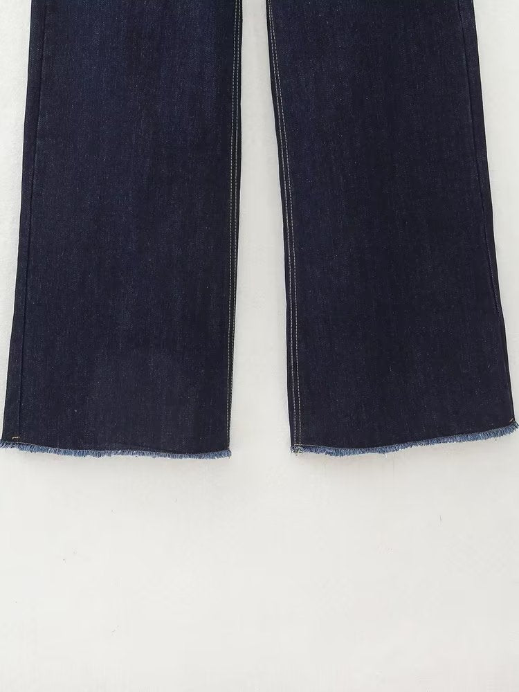 Jeans mit Federreißverschluss, Knopfverschluss, ungesäumtem Saum, hoher Taille und weitem Bein