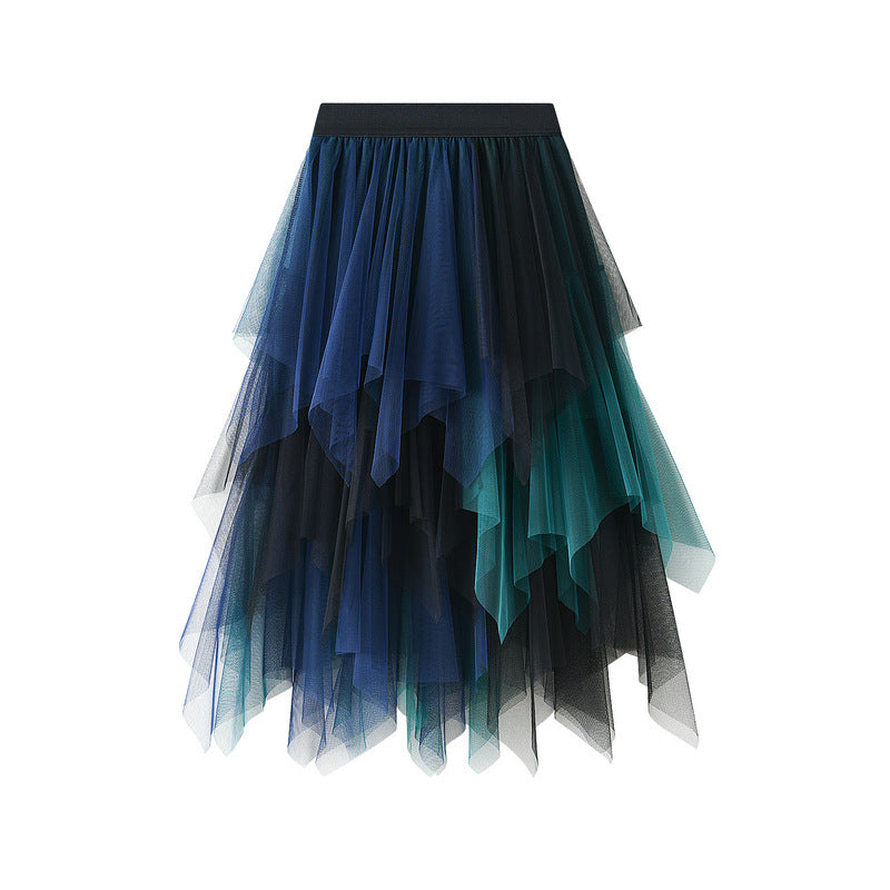 Spring Summer Color Matching Mesh Multi Layer Irregular Asymmetric All Matching Elastic Waistband Midi Skirt