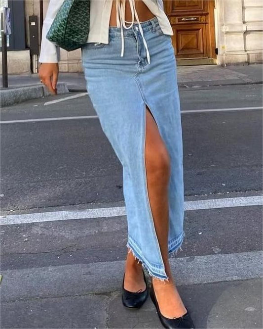 Autumn Casual Slit Skirt Cotton Mid Length High Waist Midi Skirt Denim Skirt