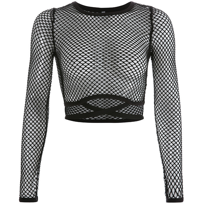 Vêtements pour femmes Sexy Grid Transparent Femmes Tops Manches longues T-shirt moulant Dames