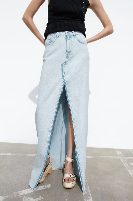 Summer Wind Women Light Color Split Midi Skirt Denim Skirt