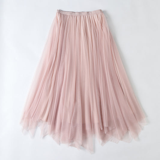 Spring Elegant High Waist Pleated Bubble Skirt Fairy Mesh Midi Dress for Women