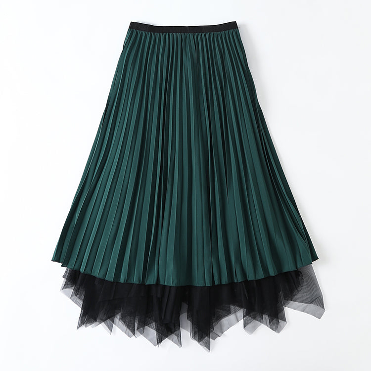 Spring Elegant High Waist Pleated Bubble Skirt Fairy Mesh Midi Dress for Women