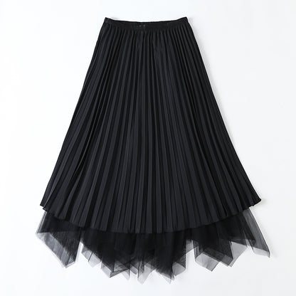 Spring Elegant High Waist Pleated Bubble Skirt Fairy Mesh Midi Dress for Women