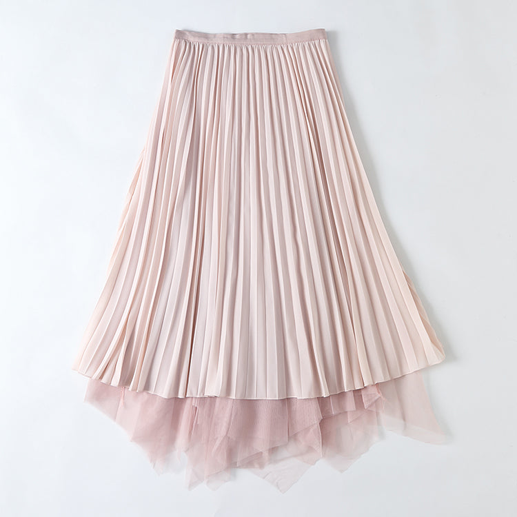 Spring Elegant High Waist Pleated Bubble Skirt Fairy Mesh Midi Dress for Women