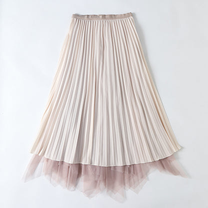 Spring Elegant High Waist Pleated Bubble Skirt Fairy Mesh Midi Dress for Women