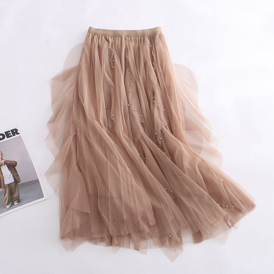 Solid Color Beaded Layered Skirt Tulle Skirt Elastic Waistband Slimming Slim Fit A line Skirt