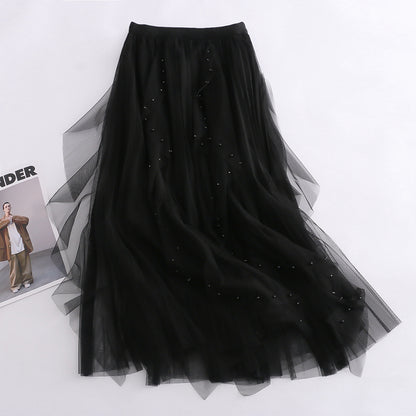 Solid Color Beaded Layered Skirt Tulle Skirt Elastic Waistband Slimming Slim Fit A line Skirt