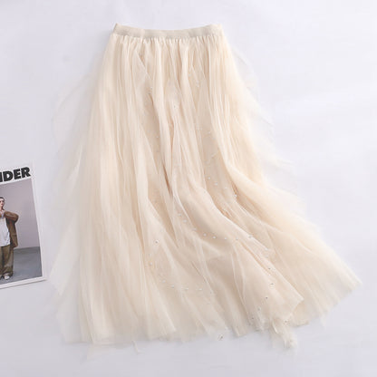 Solid Color Beaded Layered Skirt Tulle Skirt Elastic Waistband Slimming Slim Fit A line Skirt