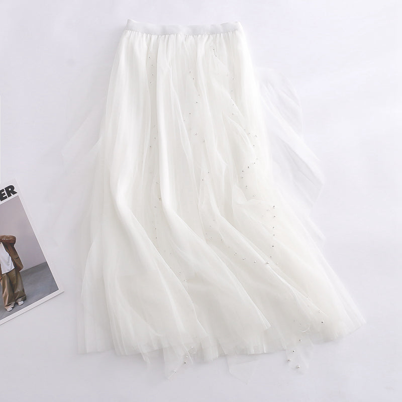 Solid Color Beaded Layered Skirt Tulle Skirt Elastic Waistband Slimming Slim Fit A line Skirt