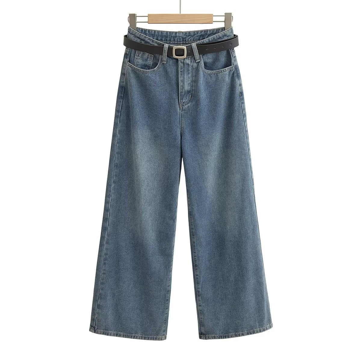 Weites Bein Gerade Jeans Frauen Herbst Winter Lose Hohe Taille Alle Passenden Casual Hosen Gürtel