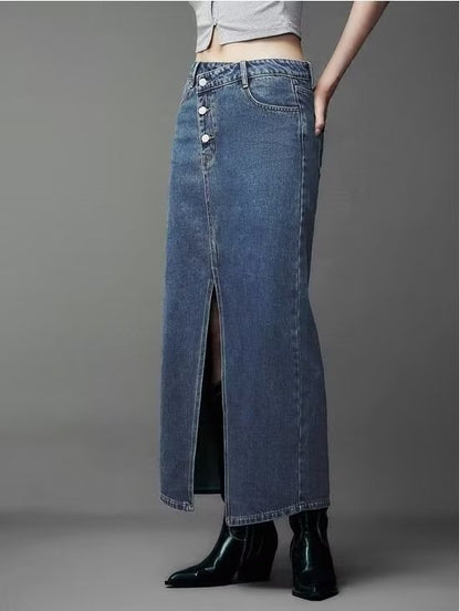 Jupe de niche d'été asymétrique à patte oblique et fente sur le devant en jean pour femmes