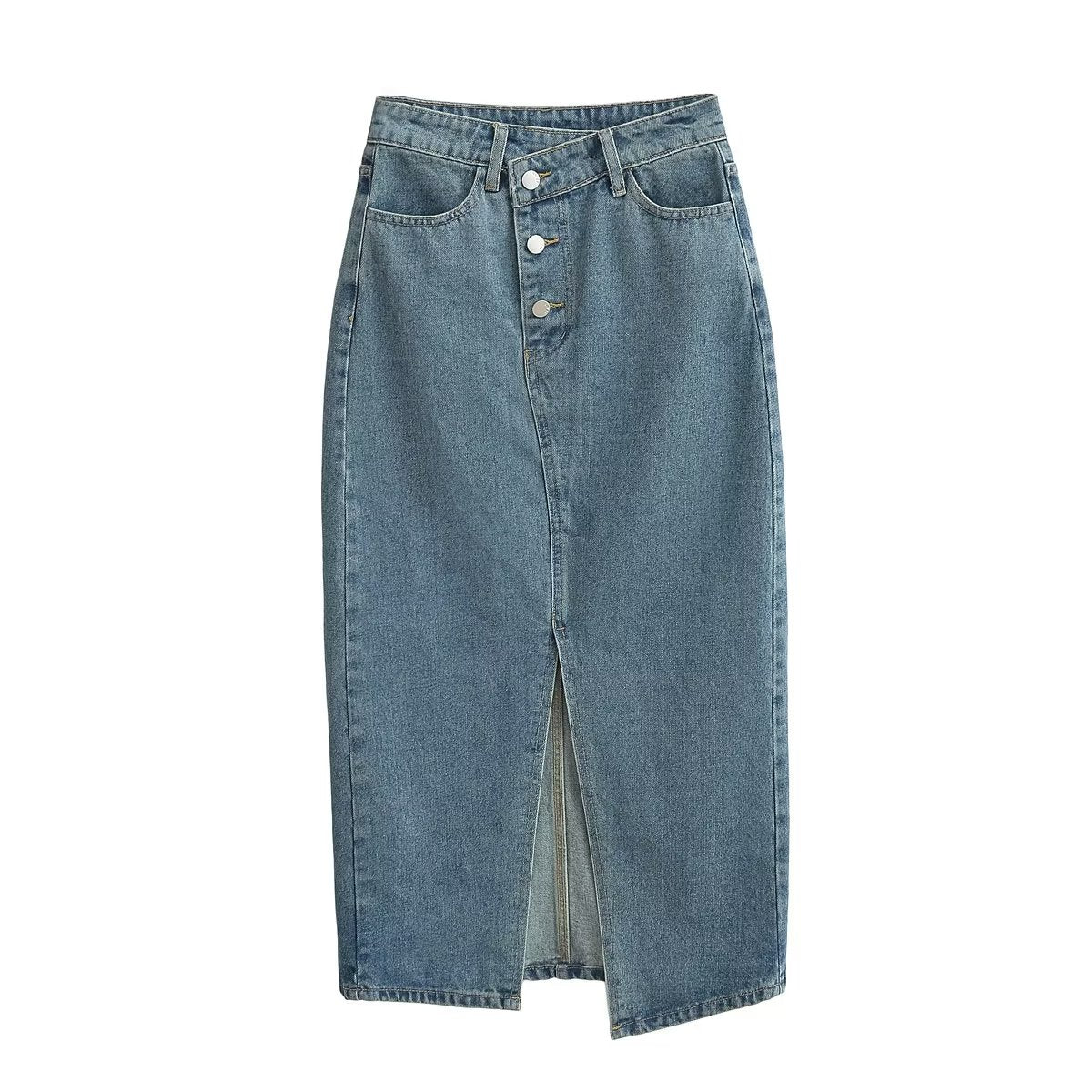 Jupe de niche d'été asymétrique à patte oblique et fente sur le devant en jean pour femmes