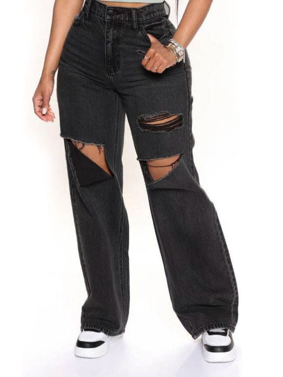 Black Gray Women High Waist Ripped Jeans Baggy Straight Trousers