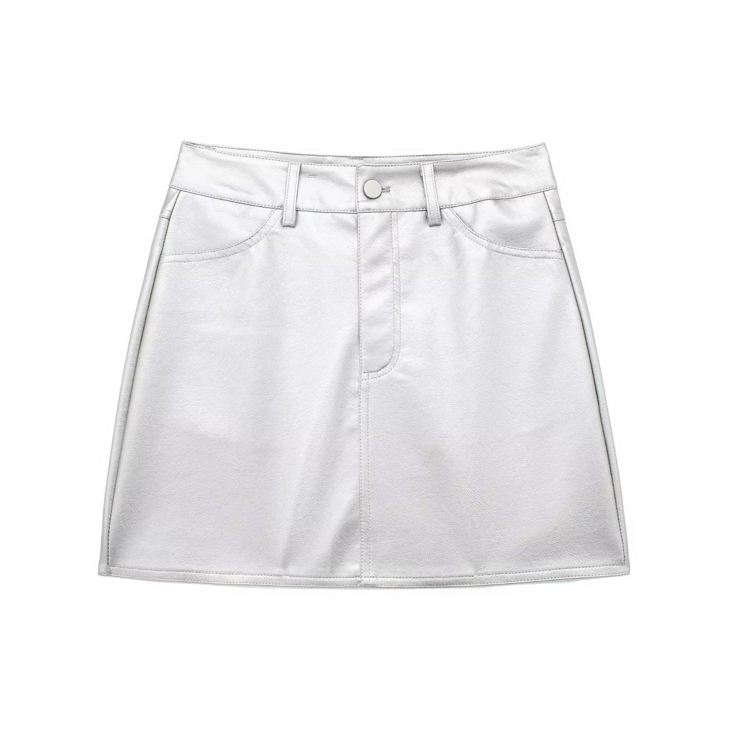 Silver Faux Leather Mini Skirts Sexy High Waist Skirt Lady Short White