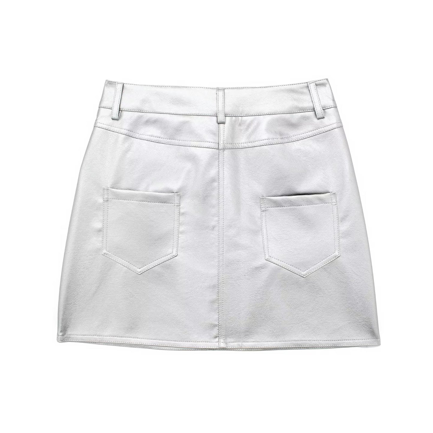 Silver Faux Leather Mini Skirts Sexy High Waist Skirt Lady Short White