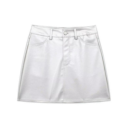 Silver Faux Leather Mini Skirts Sexy High Waist Skirt Lady Short White