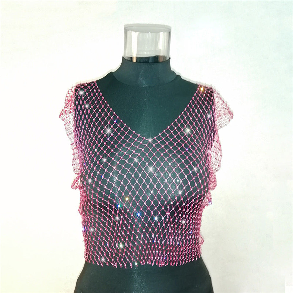 Gilet en maille diamant sexy ajouré avec découpe pour boîte de nuit et discothèque pour femme