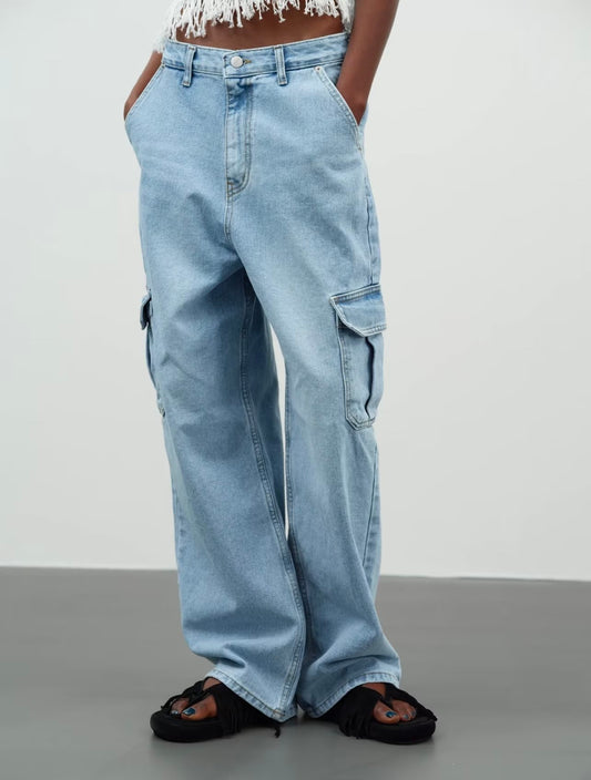 Light Blue Jeans for Women Summer Sexy Big Pocket Straight Cargo Trousers