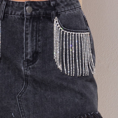 Jupe fourreau en jean à franges et strass pour femme, jupe printemps-été multicolore