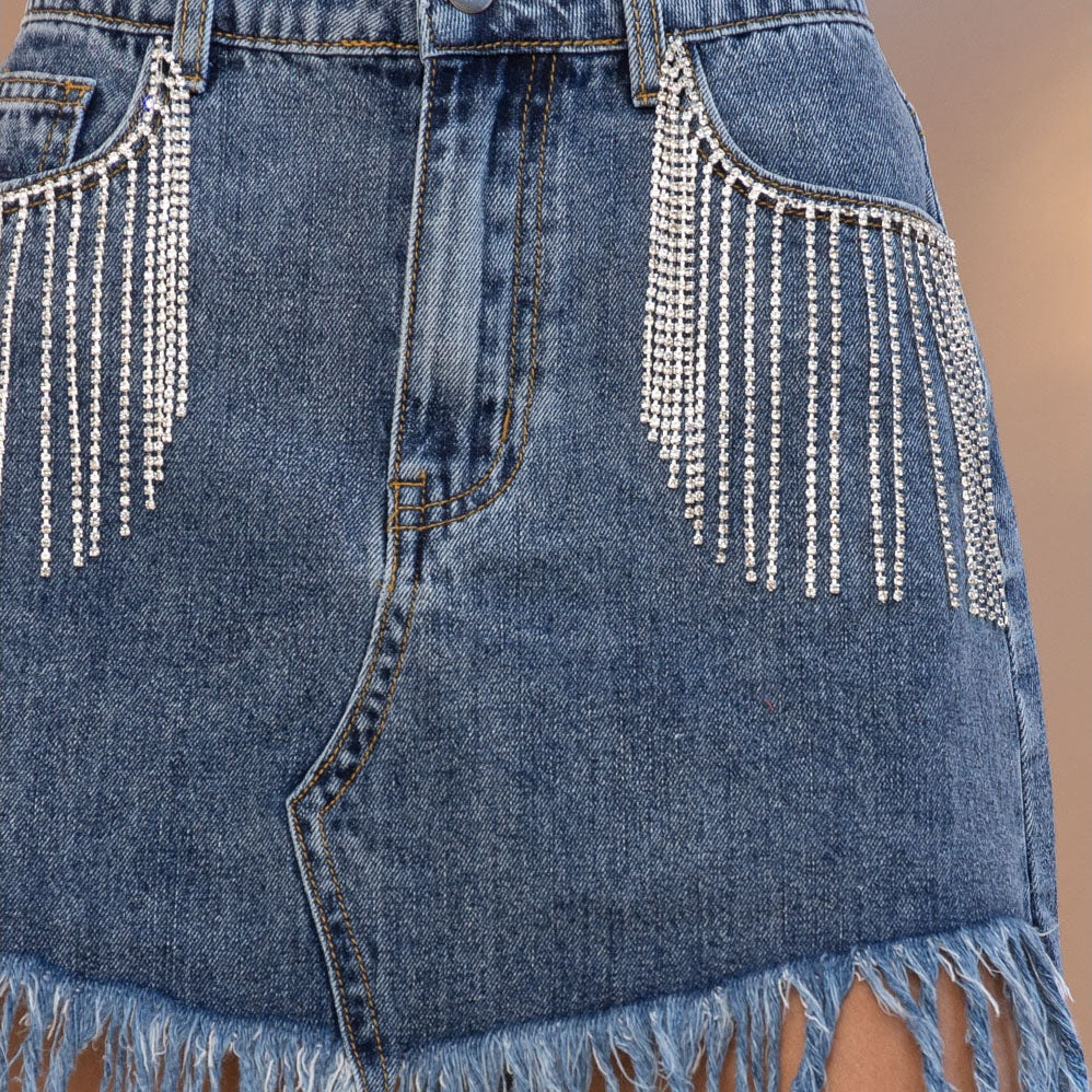 Jupe fourreau en jean à franges et strass pour femme, jupe printemps-été multicolore