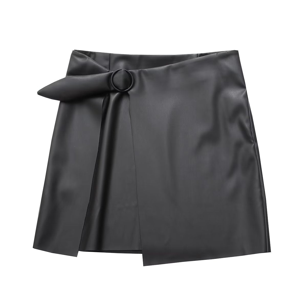 Sexy High Waist Small Round Buckle Wrapped Skirt Skirt Women Personality Design Faux Leather Skirt