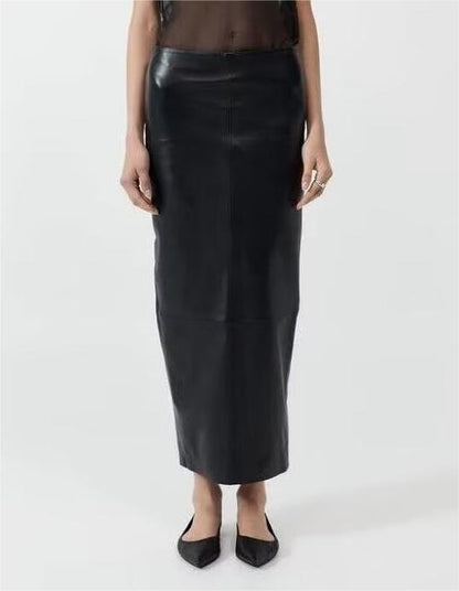 Autumn Women Clothing Mid Length Back Slit Faux Leather Skirt