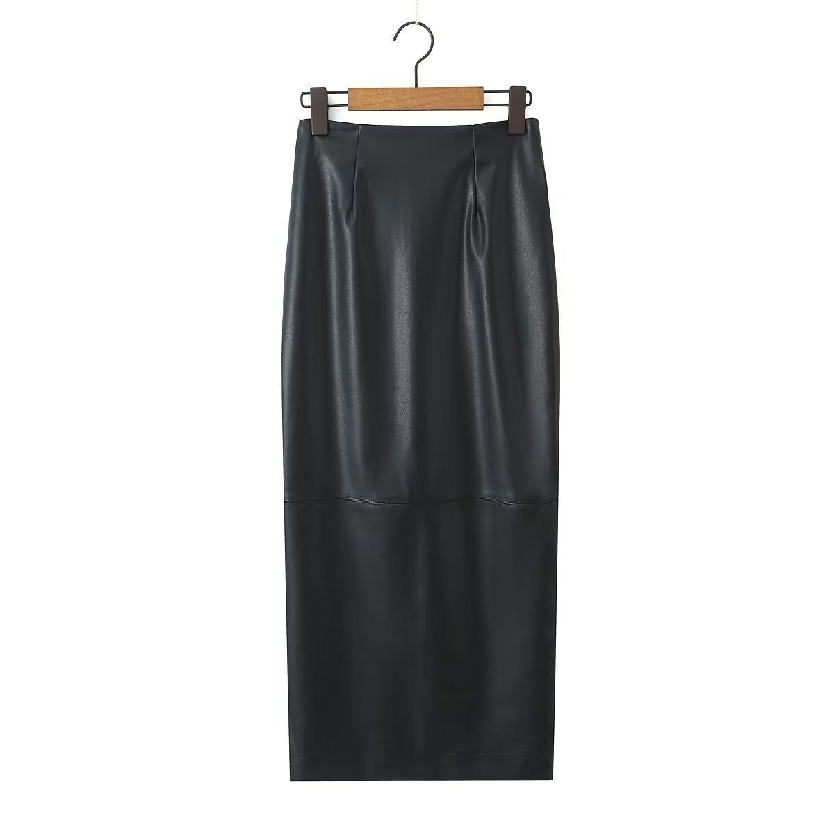 Autumn Women Clothing Mid Length Back Slit Faux Leather Skirt