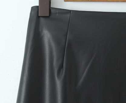 Autumn Women Clothing Mid Length Back Slit Faux Leather Skirt