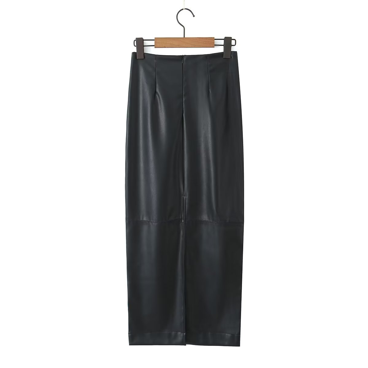 Autumn Women Clothing Mid Length Back Slit Faux Leather Skirt