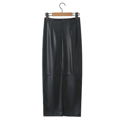 Autumn Women Clothing Mid Length Back Slit Faux Leather Skirt