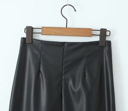 Autumn Women Clothing Mid Length Back Slit Faux Leather Skirt