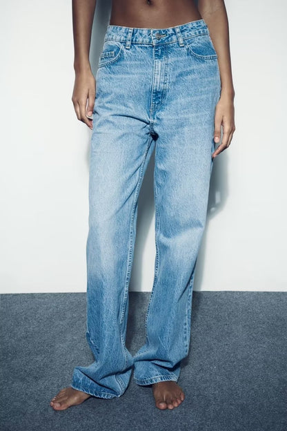 Women Loose Half Elastic Waist Loose Straight Leg Denim Trousers