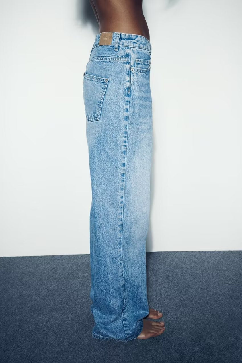 Women Loose Half Elastic Waist Loose Straight Leg Denim Trousers