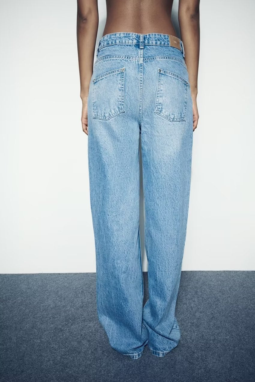 Women Loose Half Elastic Waist Loose Straight Leg Denim Trousers